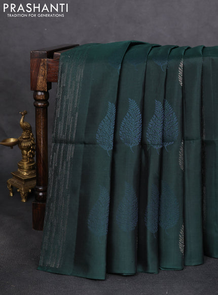 Pure soft silk saree bottle green and dual shade of pink with allover zari weaves & leaf buttas in borderless style