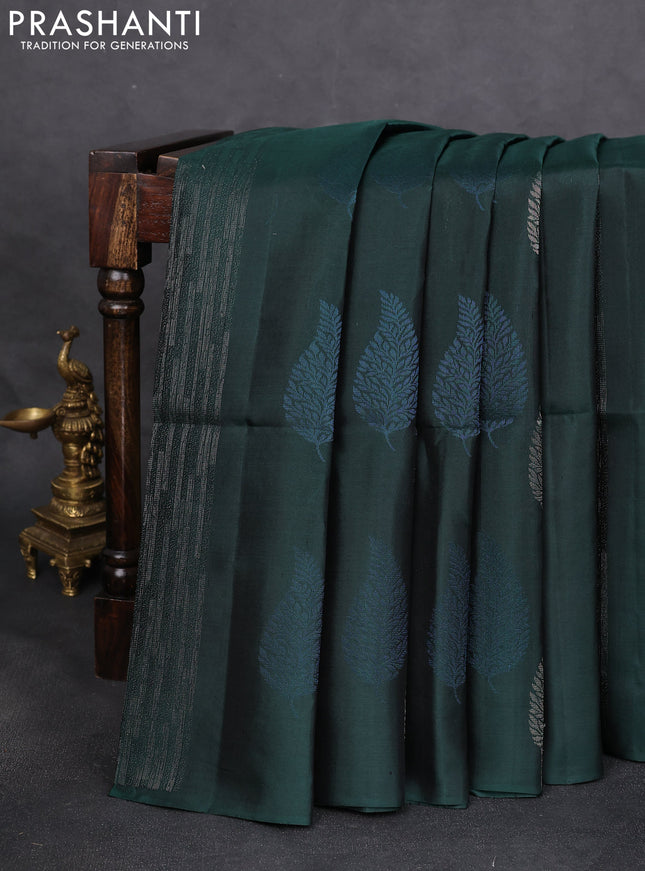 Pure soft silk saree bottle green and dual shade of pink with allover zari weaves & leaf buttas in borderless style