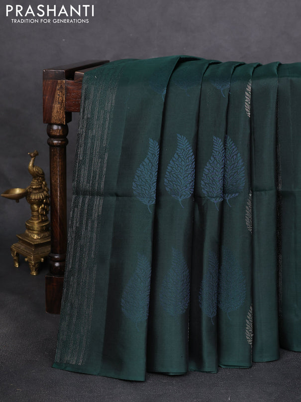 Pure soft silk saree bottle green and dual shade of pink with allover zari weaves & leaf buttas in borderless style