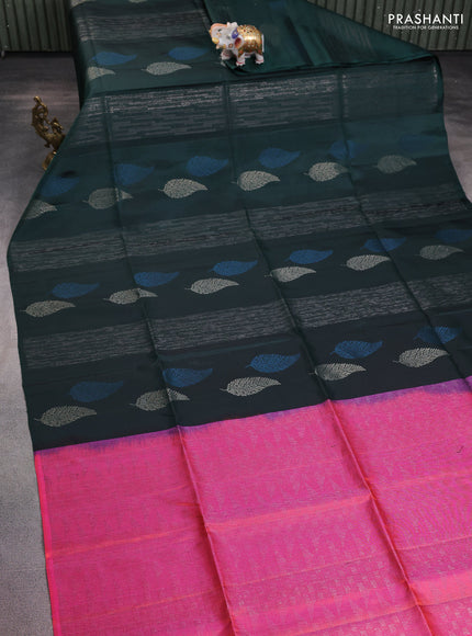 Pure soft silk saree bottle green and dual shade of pink with allover zari weaves & leaf buttas in borderless style