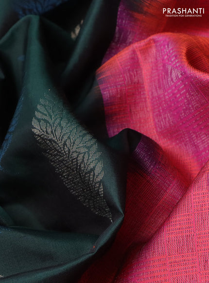 Pure soft silk saree bottle green and dual shade of pink with allover zari weaves & leaf buttas in borderless style