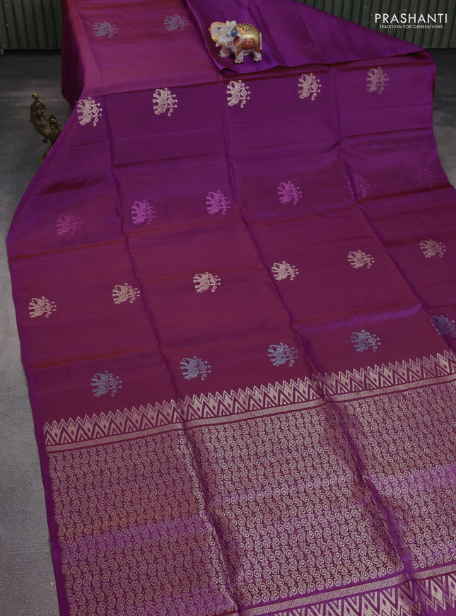 Pure soft silk saree purple with elephant zari woven buttas in borderless style