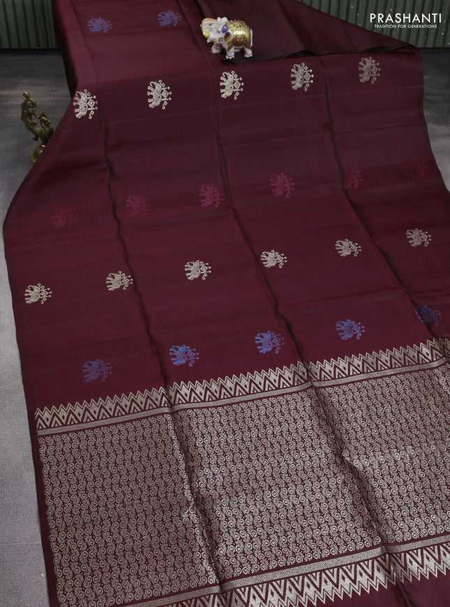 Pure soft silk saree maroon with elephant zari woven buttas in borderless style