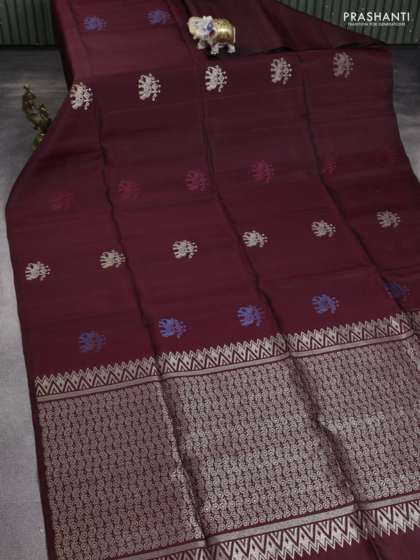 Pure soft silk saree maroon with elephant zari woven buttas in borderless style