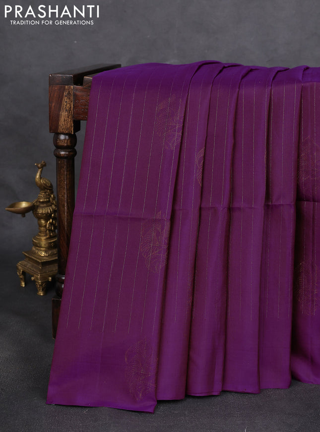 Pure soft silk saree purple with allover zari stripe & buttas in borderless style