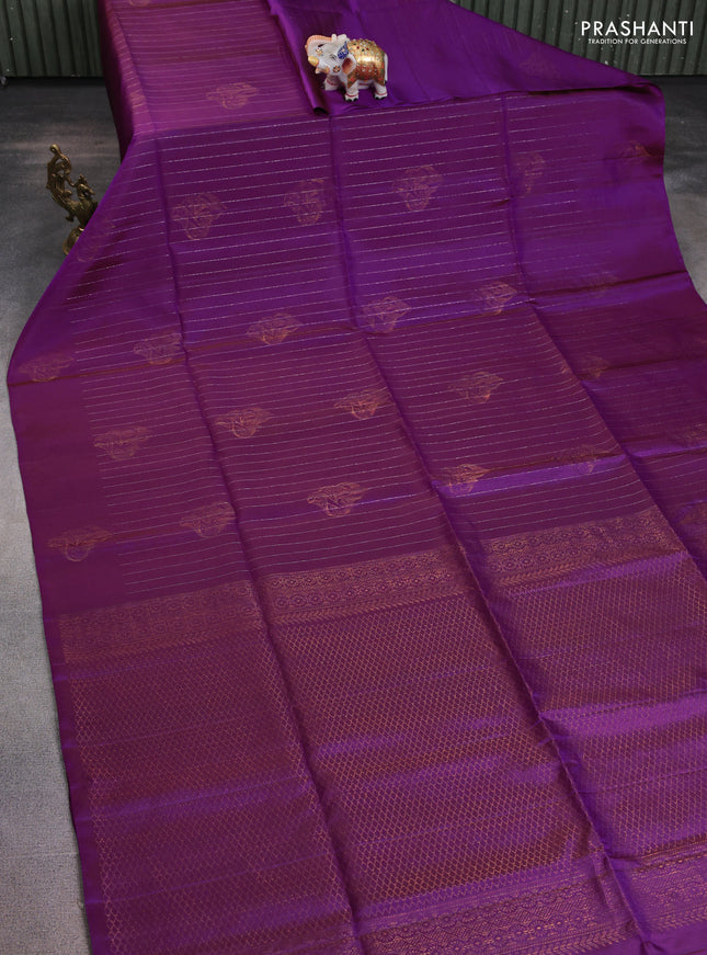 Pure soft silk saree purple with allover zari stripe & buttas in borderless style