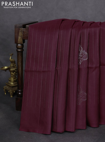 Pure soft silk saree maroon with allover silver zari stripe & buttas in borderless style