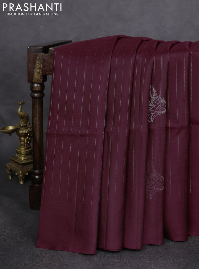 Pure soft silk saree maroon with allover silver zari stripe & buttas in borderless style