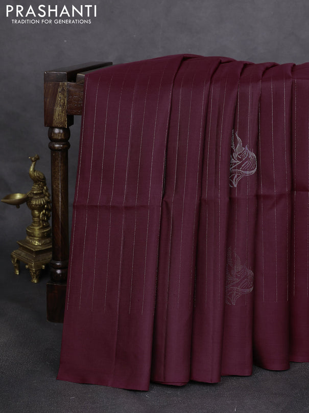 Pure soft silk saree maroon with allover silver zari stripe & buttas in borderless style