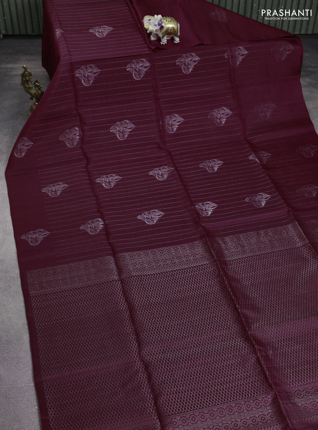 Pure soft silk saree maroon with allover silver zari stripe & buttas in borderless style