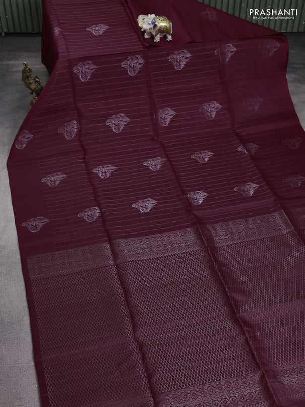 Pure soft silk saree maroon with allover silver zari stripe & buttas in borderless style