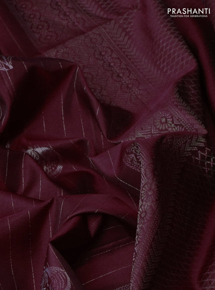 Pure soft silk saree maroon with allover silver zari stripe & buttas in borderless style