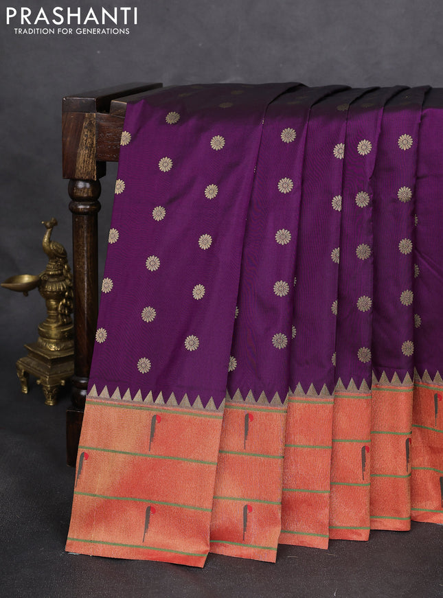 Pure paithani silk saree purple and red with zari woven buttas and muniya butta border