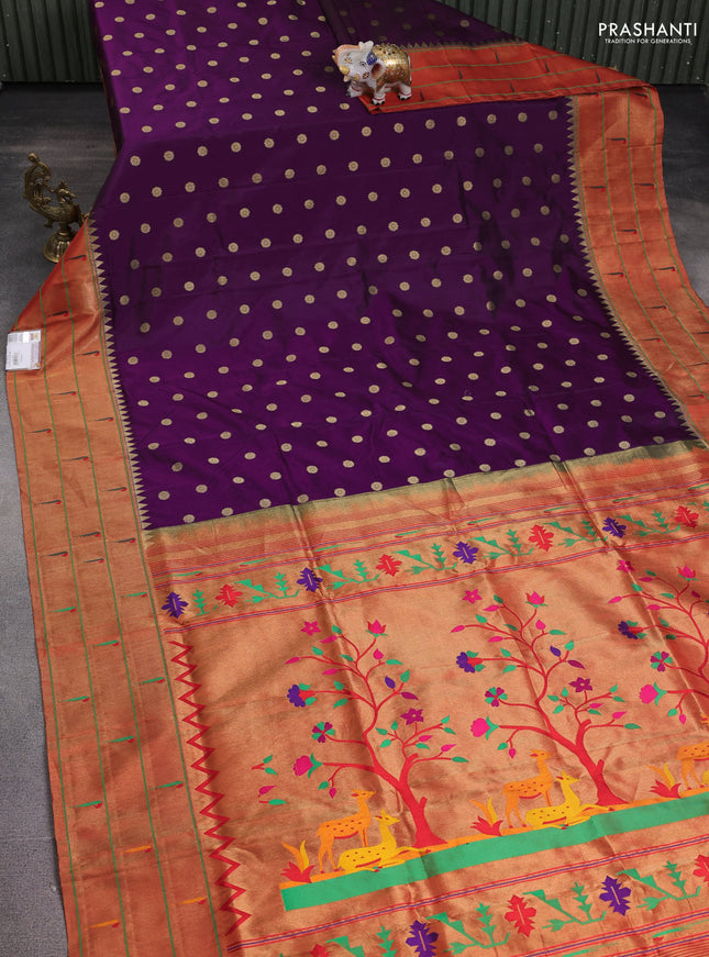 Pure paithani silk saree purple and red with zari woven buttas and muniya butta border