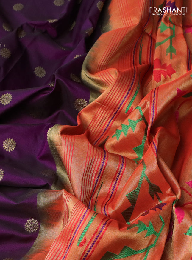 Pure paithani silk saree purple and red with zari woven buttas and muniya butta border