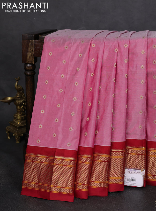 Pure paithani silk saree pastel pink and red with zari woven buttas and zari woven border