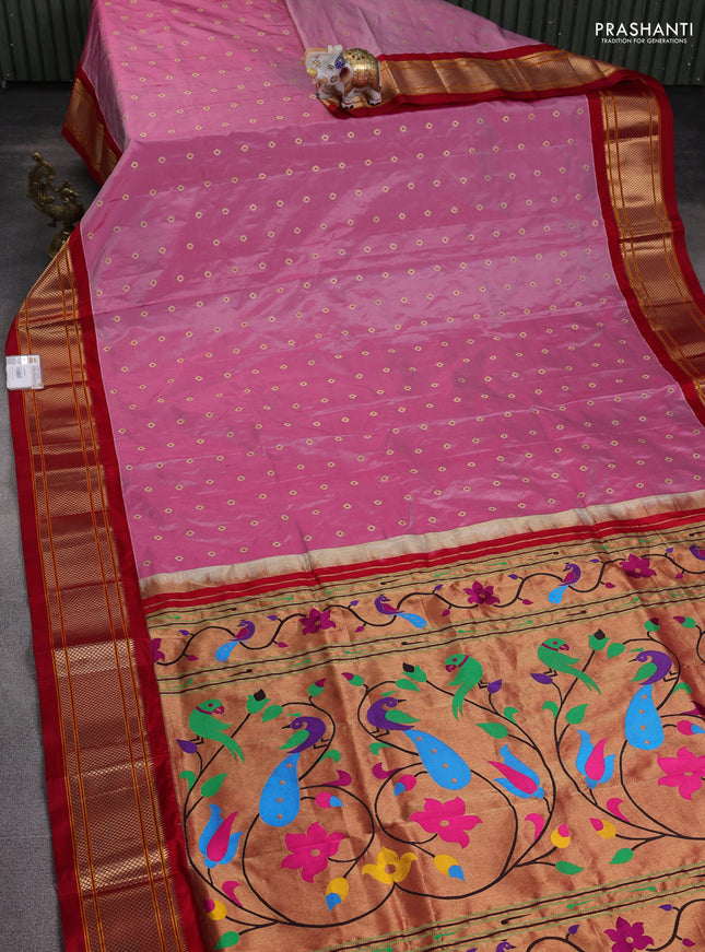 Pure paithani silk saree pastel pink and red with zari woven buttas and zari woven border