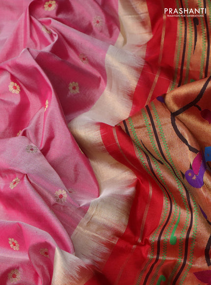Pure paithani silk saree pastel pink and red with zari woven buttas and zari woven border