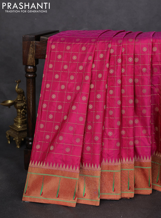 Pure paithani silk saree pink and red with allover zari checks & buttas and muniya butta border