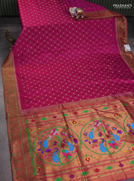 Pure paithani silk saree pink and red with allover zari checks & buttas and muniya butta border