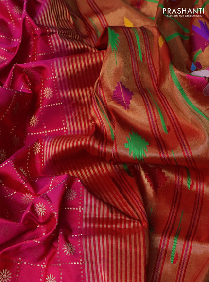 Pure paithani silk saree pink and red with allover zari checks & buttas and muniya butta border