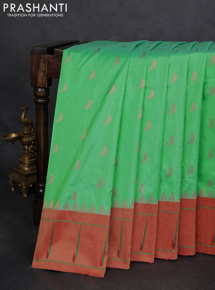 Pure paithani silk saree teal green and red with zari woven buttas and muniya butta border