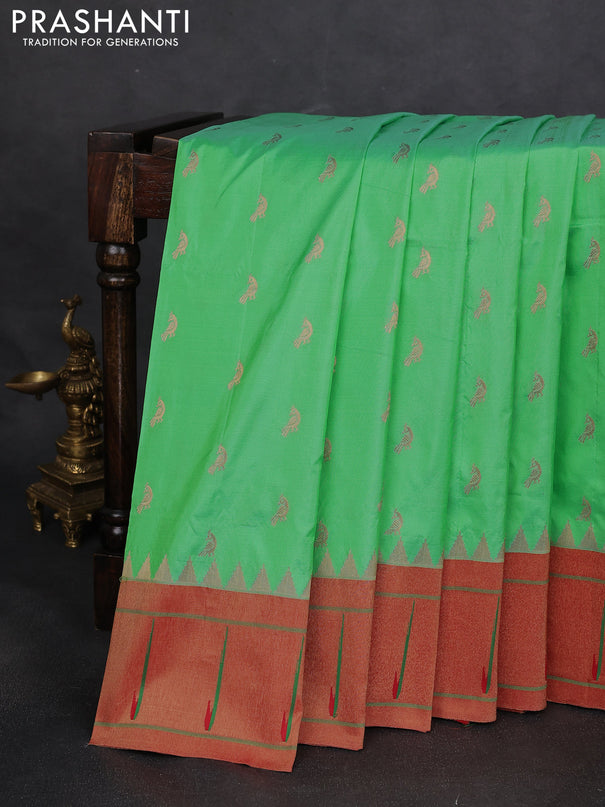 Pure paithani silk saree teal green and red with zari woven buttas and muniya butta border