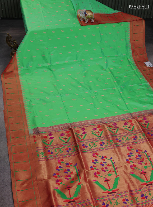 Pure paithani silk saree teal green and red with zari woven buttas and muniya butta border