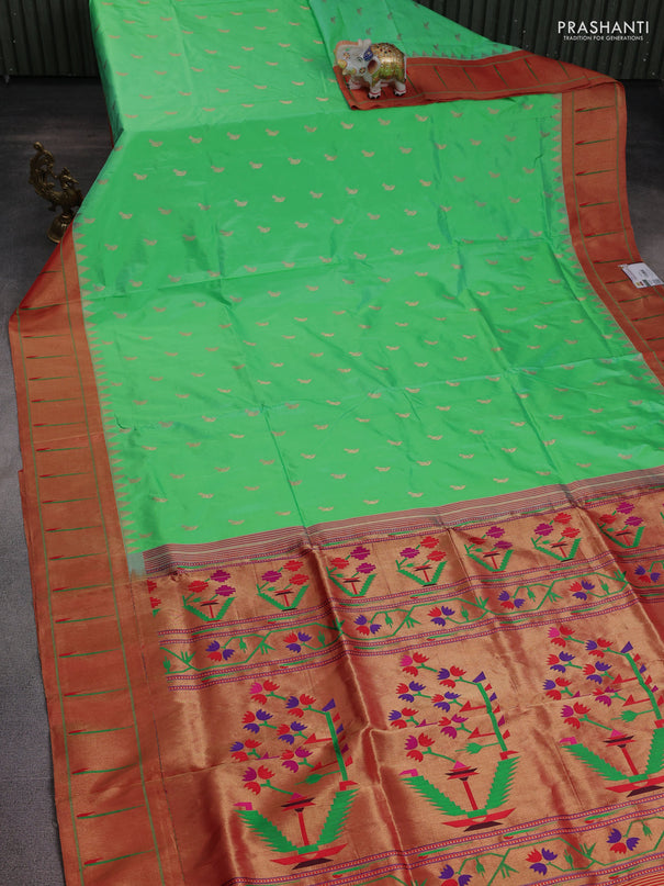 Pure paithani silk saree teal green and red with zari woven buttas and muniya butta border