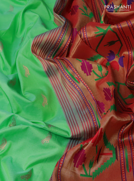 Pure paithani silk saree teal green and red with zari woven buttas and muniya butta border