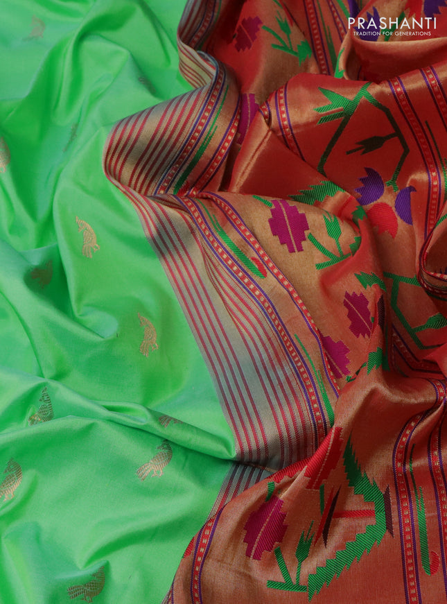 Pure paithani silk saree teal green and red with zari woven buttas and muniya butta border