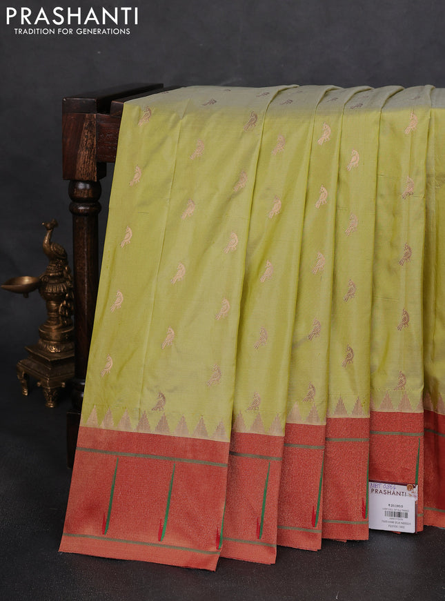 Pure paithani silk saree pista green and red with zari woven buttas and muniya butta border