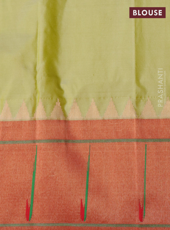Pure paithani silk saree pista green and red with zari woven buttas and muniya butta border