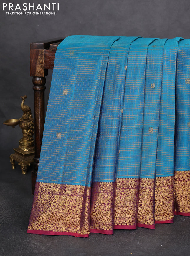 Pure kanchipuram silk saree cs blue and maroon with allover zari checks & buttas and zari woven border