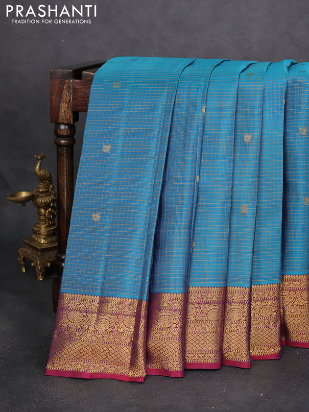 Pure kanchipuram silk saree cs blue and maroon with allover zari checks & buttas and zari woven border