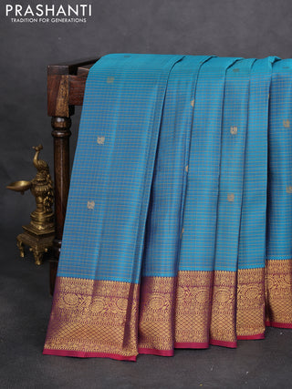 Pure kanchipuram silk saree cs blue and maroon with allover zari checks & buttas and zari woven border