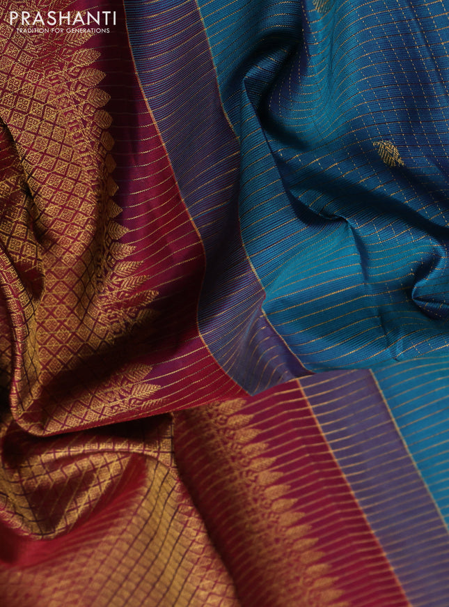 Pure kanchipuram silk saree cs blue and maroon with allover zari checks & buttas and zari woven border