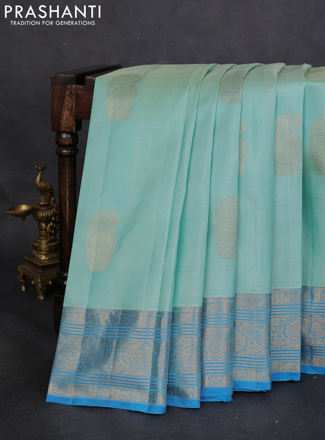 Pure kanchipuram silk saree teal blue and cs blue with zari woven buttas and zari woven border