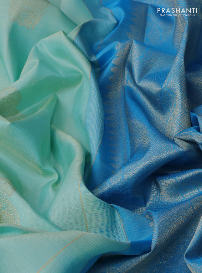 Pure kanchipuram silk saree teal blue and cs blue with zari woven buttas and zari woven border