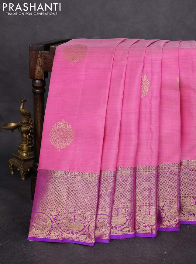Pure kanchipuram silk saree light pink and purple with zari woven buttas and zari woven border