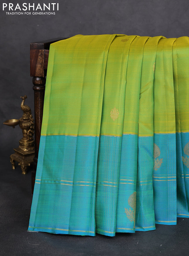Pure kanchipuram silk saree lime green and teal blue with zari woven buttas and long zari woven border