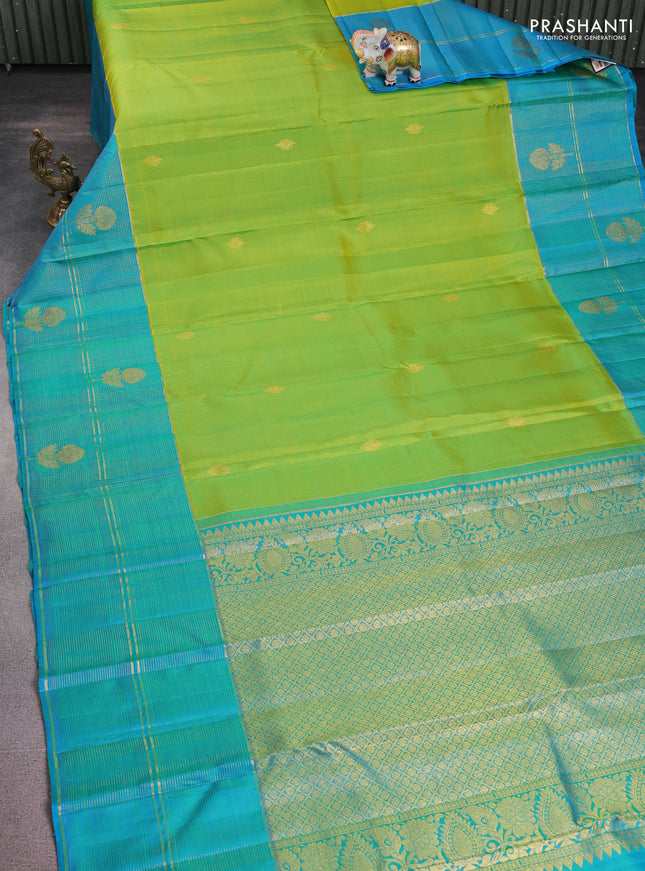 Pure kanchipuram silk saree lime green and teal blue with zari woven buttas and long zari woven border
