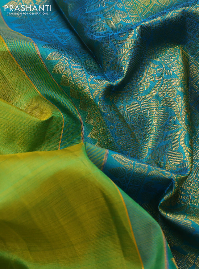 Pure kanchipuram silk saree lime green and teal blue with zari woven buttas and long zari woven border