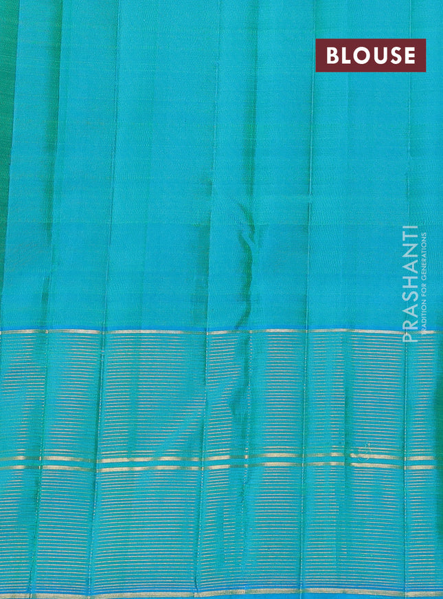 Pure kanchipuram silk saree lime green and teal blue with zari woven buttas and long zari woven border
