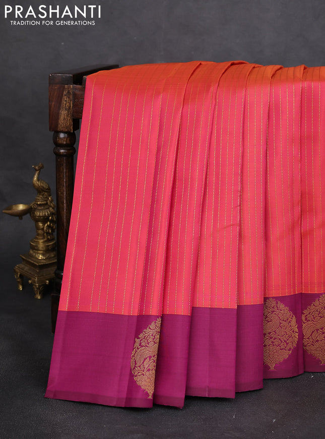 Pure kanchipuram silk saree dual shade of pinkish orange and magenta pink with allover zari woven stripes pattern and zari woven butta border
