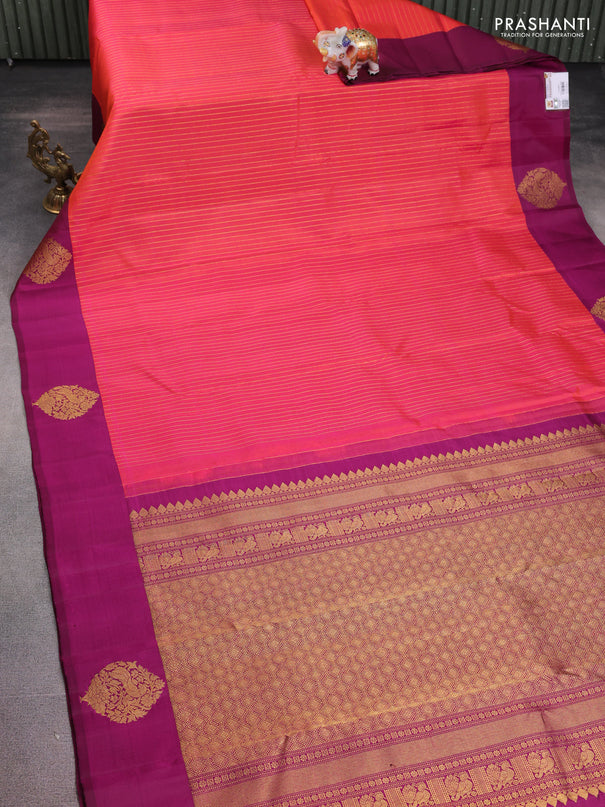 Pure kanchipuram silk saree dual shade of pinkish orange and magenta pink with allover zari woven stripes pattern and zari woven butta border