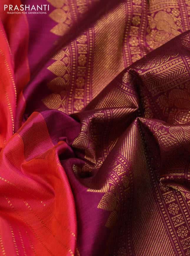 Pure kanchipuram silk saree dual shade of pinkish orange and magenta pink with allover zari woven stripes pattern and zari woven butta border