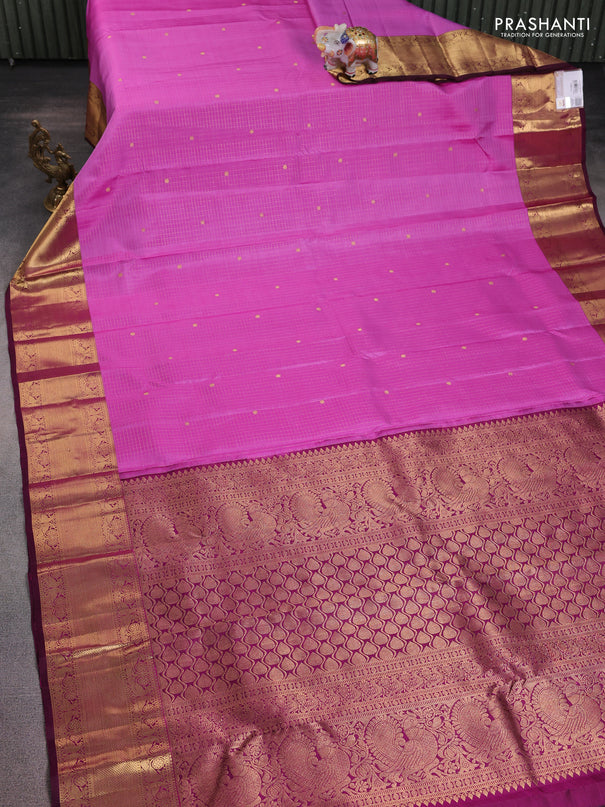 Pure kanchipuram silk saree lotus pink and dark magenta pink with allover zari checks & buttas and zari woven border