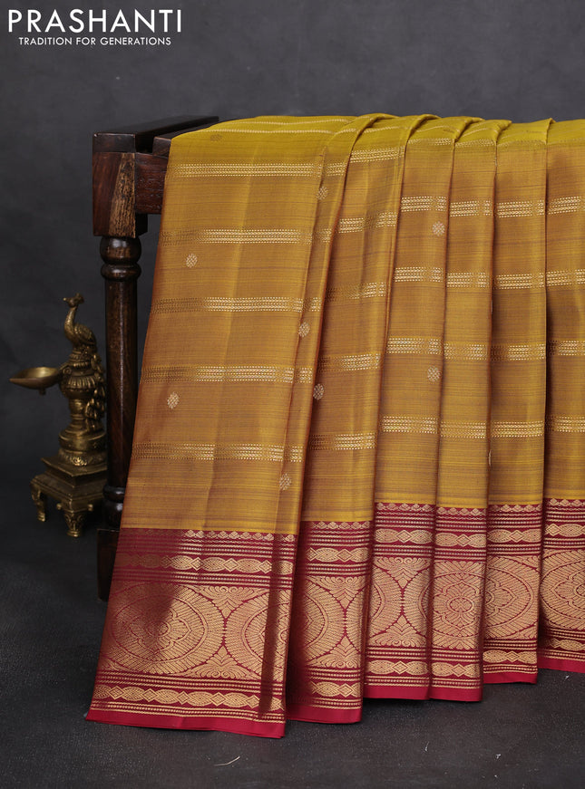 Pure kanchipuram silk saree mustard green and maroon with allover zari weaves & buttas and zari woven border