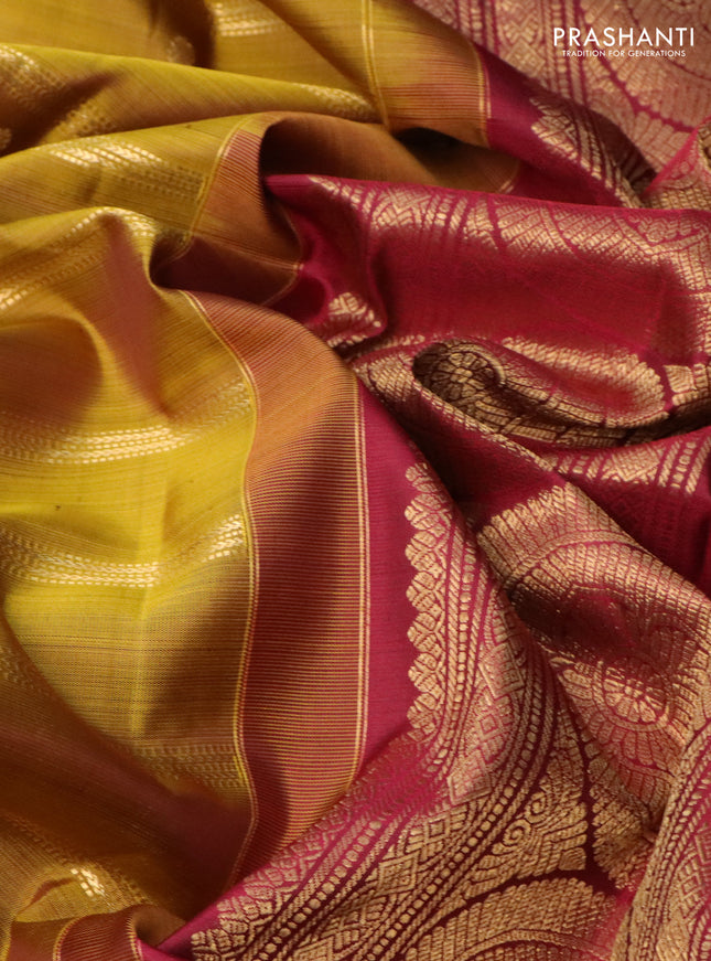 Pure kanchipuram silk saree mustard green and maroon with allover zari weaves & buttas and zari woven border
